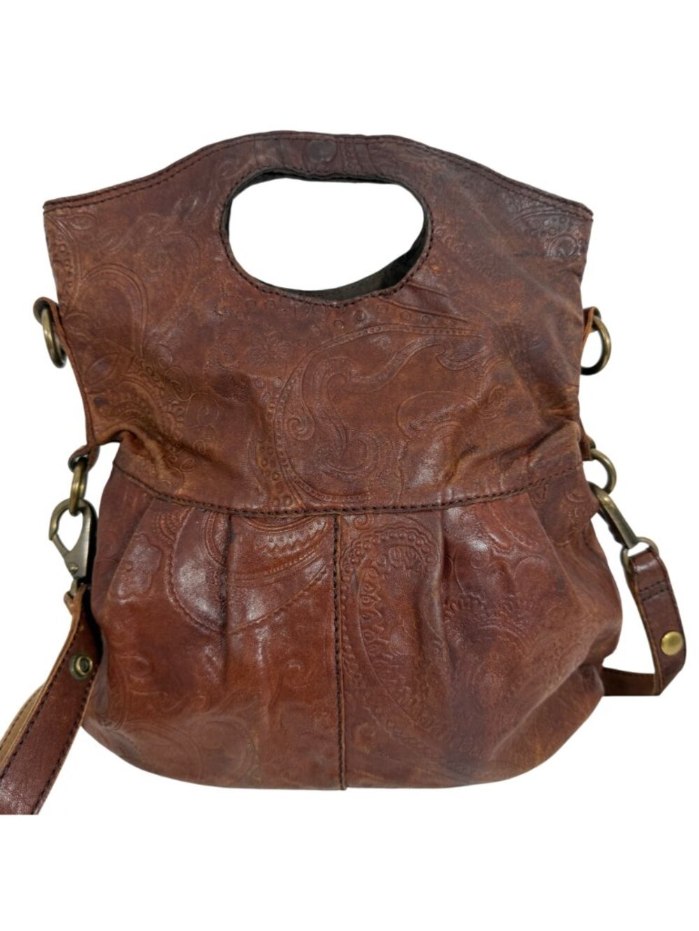 Vintage Lucky Brand Embossed Brown Lamb Leather Slouchy Shoulder Crossbody Bag - Picture 7 of 13